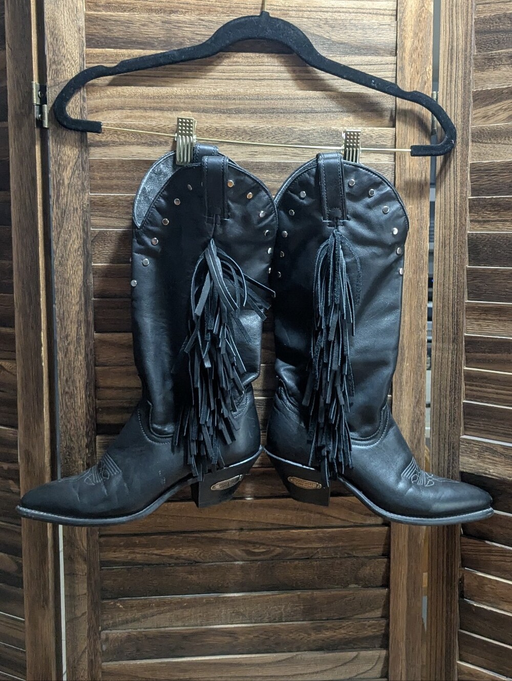 Vintage 80s Code West Black Leather Studded Fringe Cowboy Boots 5.5